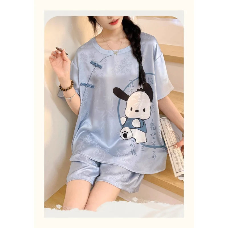 Sanrio Pacha Dog Silk Pajamas Women's Summer Ice Silk Short Sleeve Shorts Breathable Women's Pajamas Homewear Pajamas Pants Set