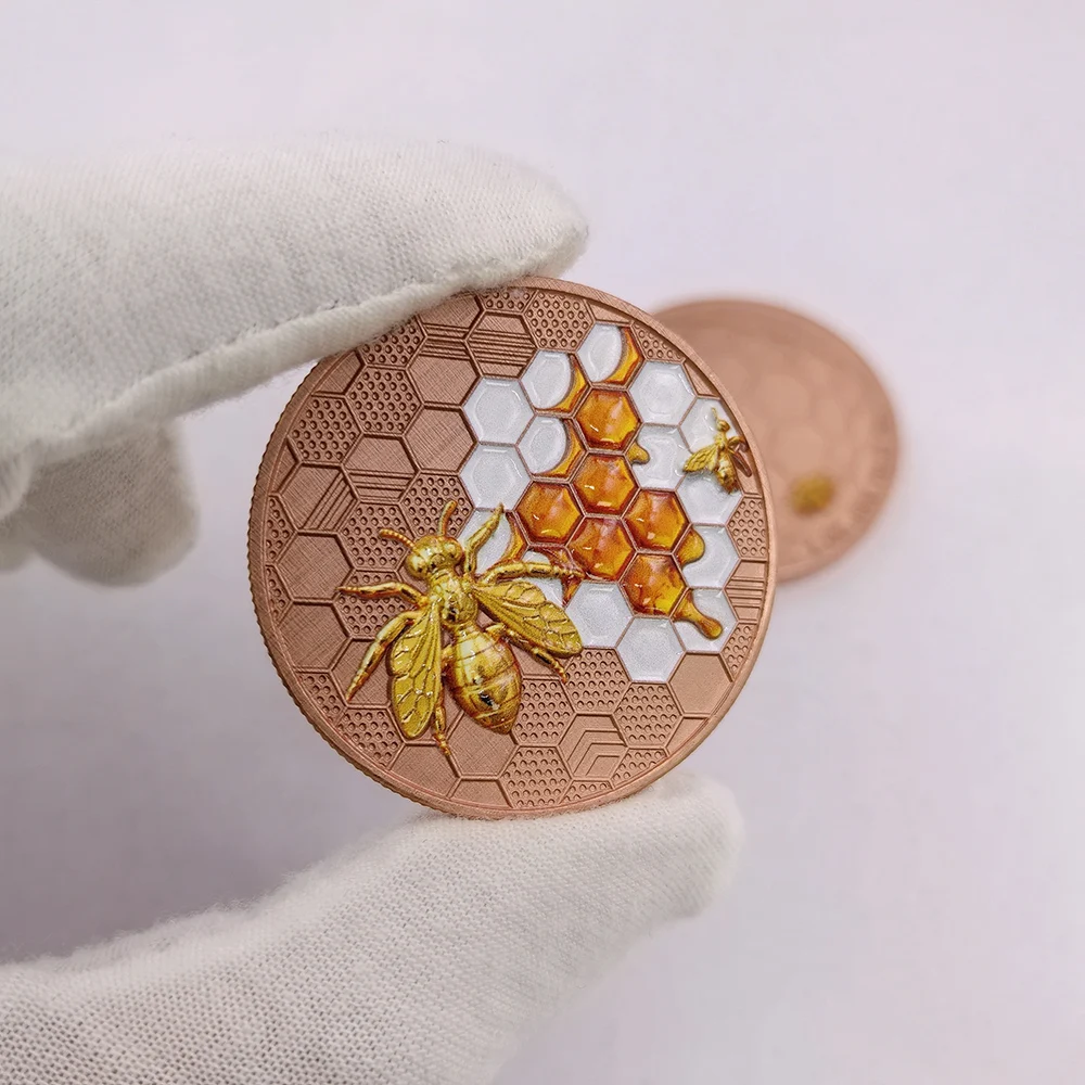 1 OZ .999 Fine Copper Honey Bee Honeycomb Enamel Art Commemorative Coin Collectible Souvenir Home Decoration Gift