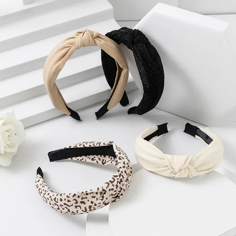 4pcs New Solid Color Leopard Print Fleece Headband Women Simple Knot Wide Edge Pressure Hair Band Hair Accessories