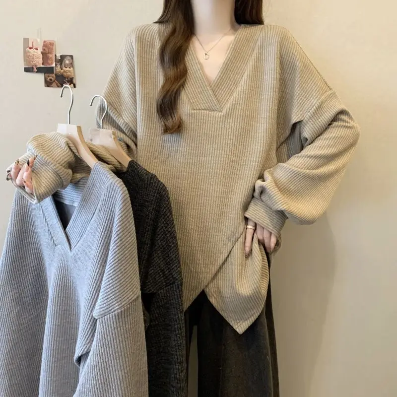 Textured Cross Design Long Sleeve Top for Women 2025 Spring and Autumn New Loose Slimming Base Shirt