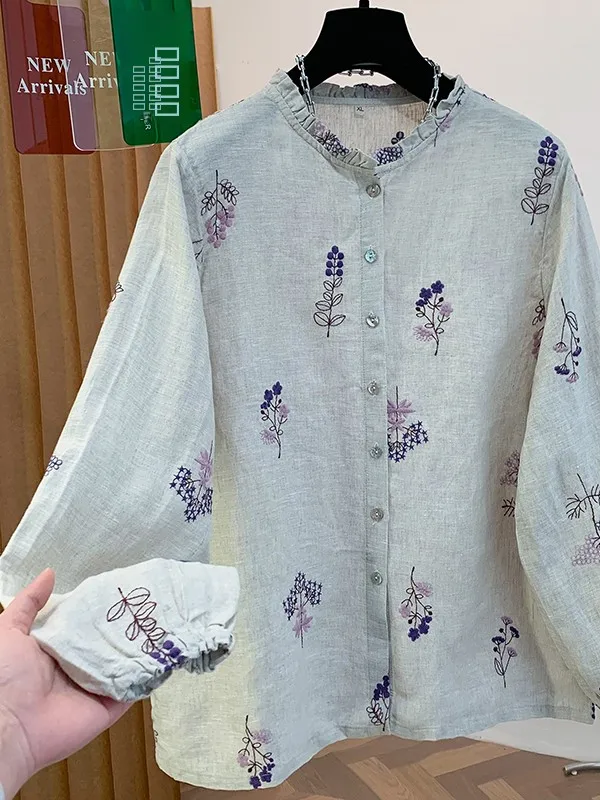 

Loose Long Sleeve Shirt Spring Floral Print Casual Style Women's Large Size Cardigan Top Wooden Collar Artistic Fashion
