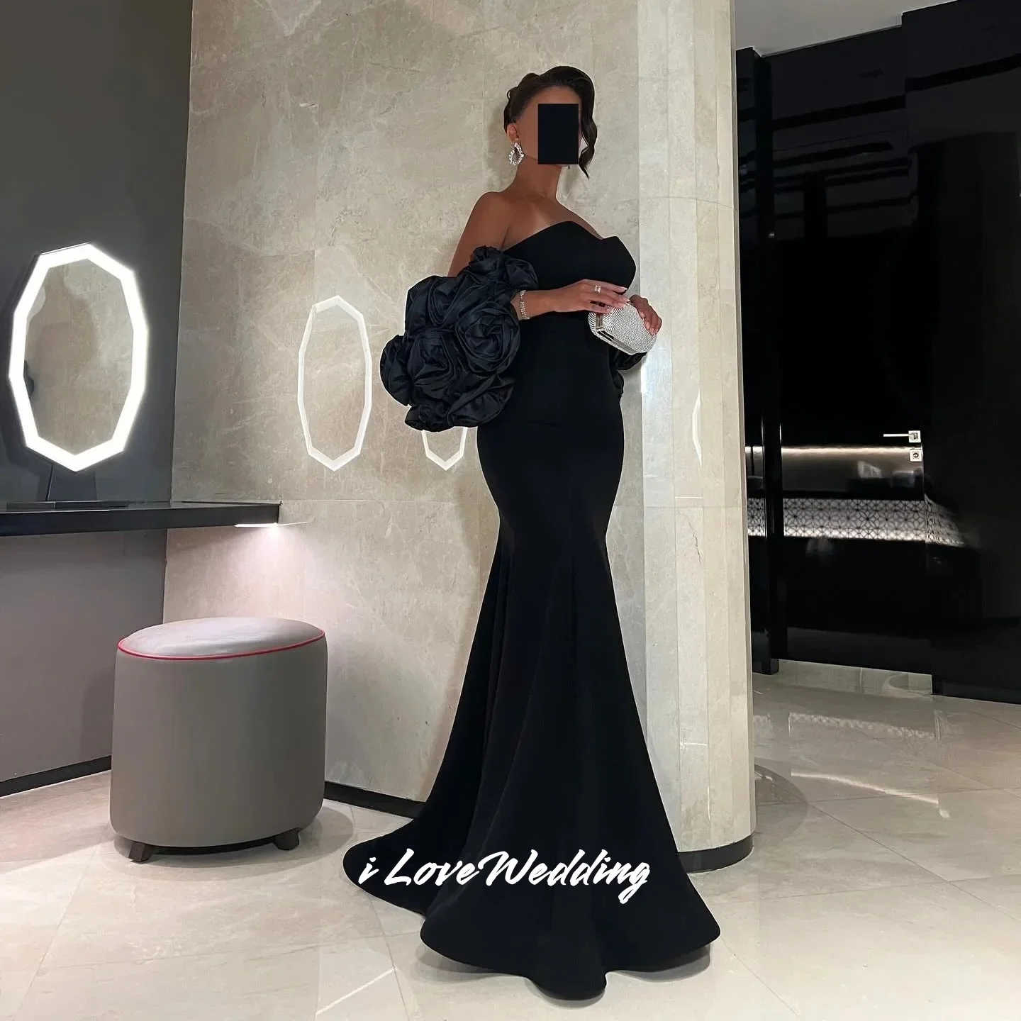 فساتين سهرة سوداء بدون حمالات 2025 بدون أكمام شال حورية البحر زهور ثلاثية الأبعاد طول الأرض فستان حفلة موسيقية فستان حفلات الزفاف مخصص