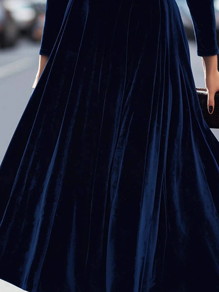 エレガントなベルベットドレス レディース 長袖 プリーツ Aライン ラウンドネック パーティー 結婚式 ゲスト ソリッド ハイウエスト ミディドレス 秋