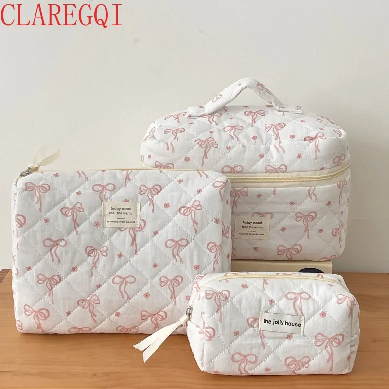 Sweet little red flower bow makeup bag set Portable large capacity quilted hand heldtoiletry bagforwomenClassificationandstorage