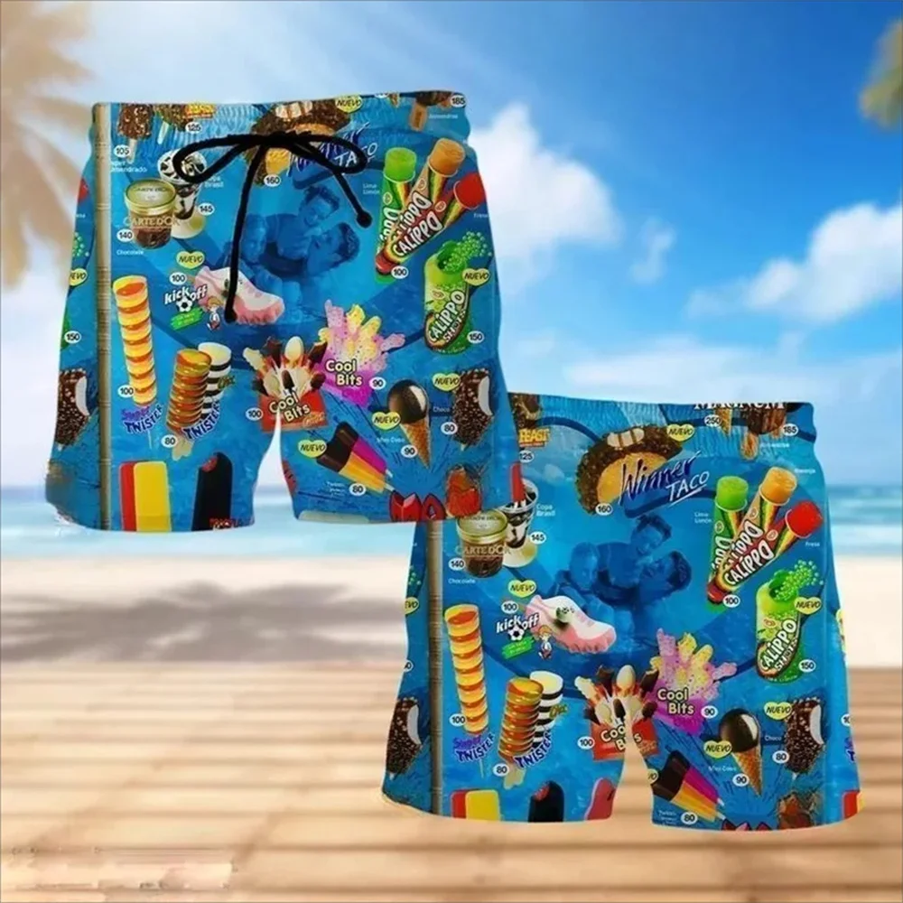Men's Shorts Hawaiian Beach Party Ice Cream Pattern Printed Men's Shorts Summer Outdoor Sports Shorts Quick Drying S-2XL