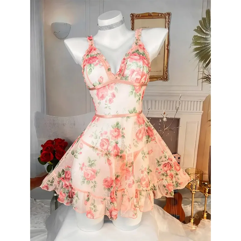 

Сексуальное женское белье, соблазнительная сетка с цветочным принтом и рюшами по краям, сексуальные ночные рубашки, пижамные рубашки, перспективный пижамный комплект