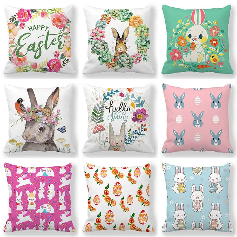 

Easter Decoration Pillowcase 45x45cm Square Pillowslip Spring Farmhouse Home Decor Cushion Cover Cute Bunny Printed Pillow Cover