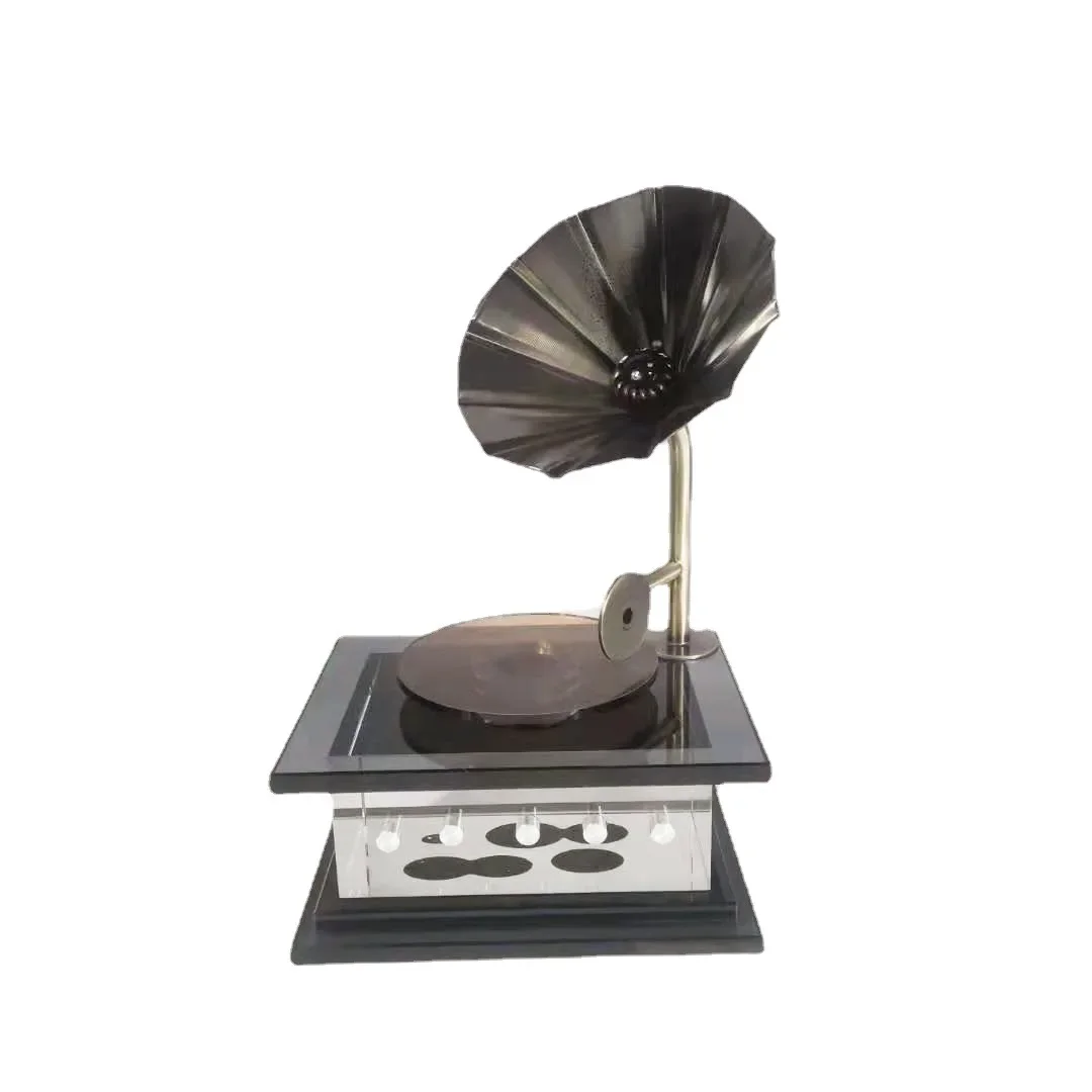 Simple modern black curved gramophone, crystal glass ornaments, model room, living room, entrance, table decoration