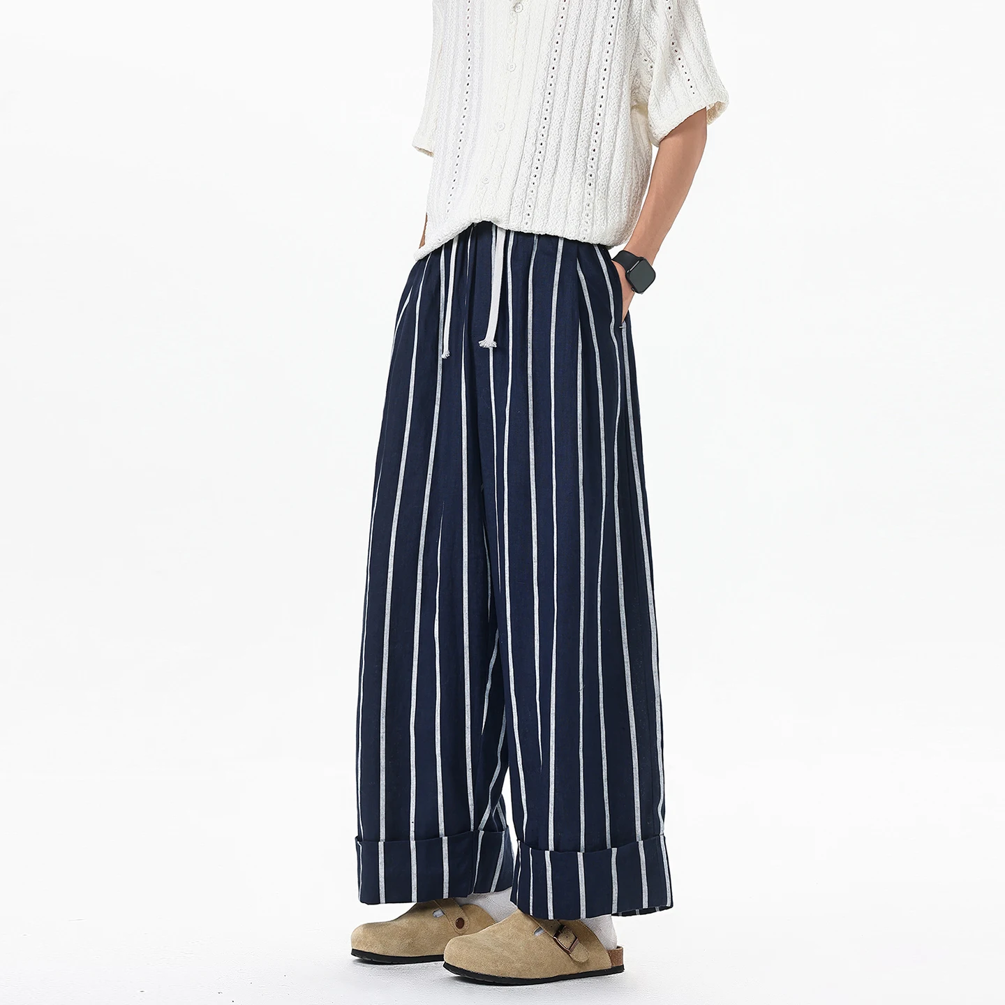 

M-5XL Plus Size Men Navy Striped Wide Leg Pants Loose Rolled Cuff Drawstring Casual Harem Trousers Japanese Harajuku Streetwrear