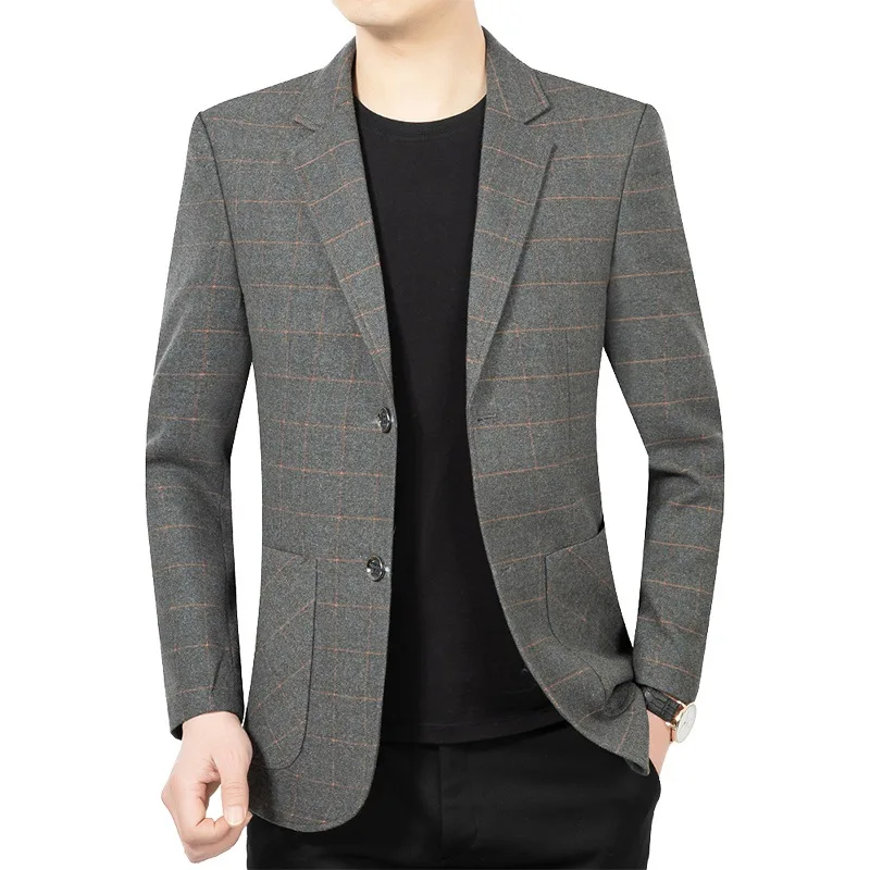 

2026 Autumn Men Outerwear Fashion Plaid Business Casual Male Suit Coat Turn Down Collar Non-ironing Anti-wrinkle Man Blazer