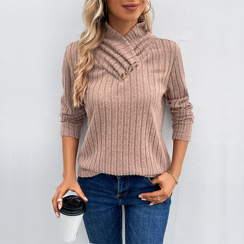 

Women's Clothes Long Sleeve Tops Autumn Winter Ribbed Knit Cross High Neck Sweater w/ Buttons for Office Casual Layering Gift