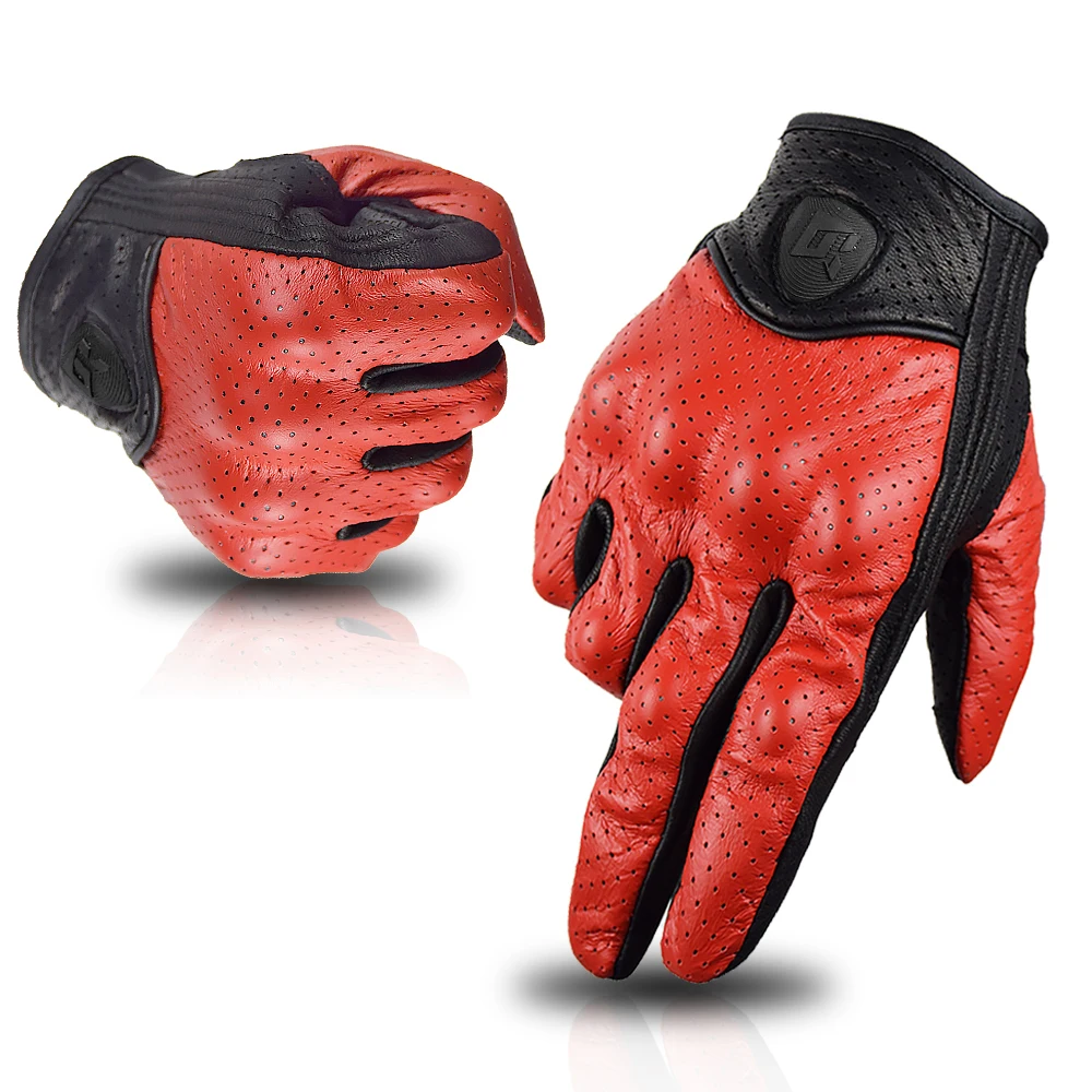

Genuine Leather Perforated Motorbike Gloves Men Women Retro Summer Motorcycle Motocross Racing Street Gloves Red Yellow White