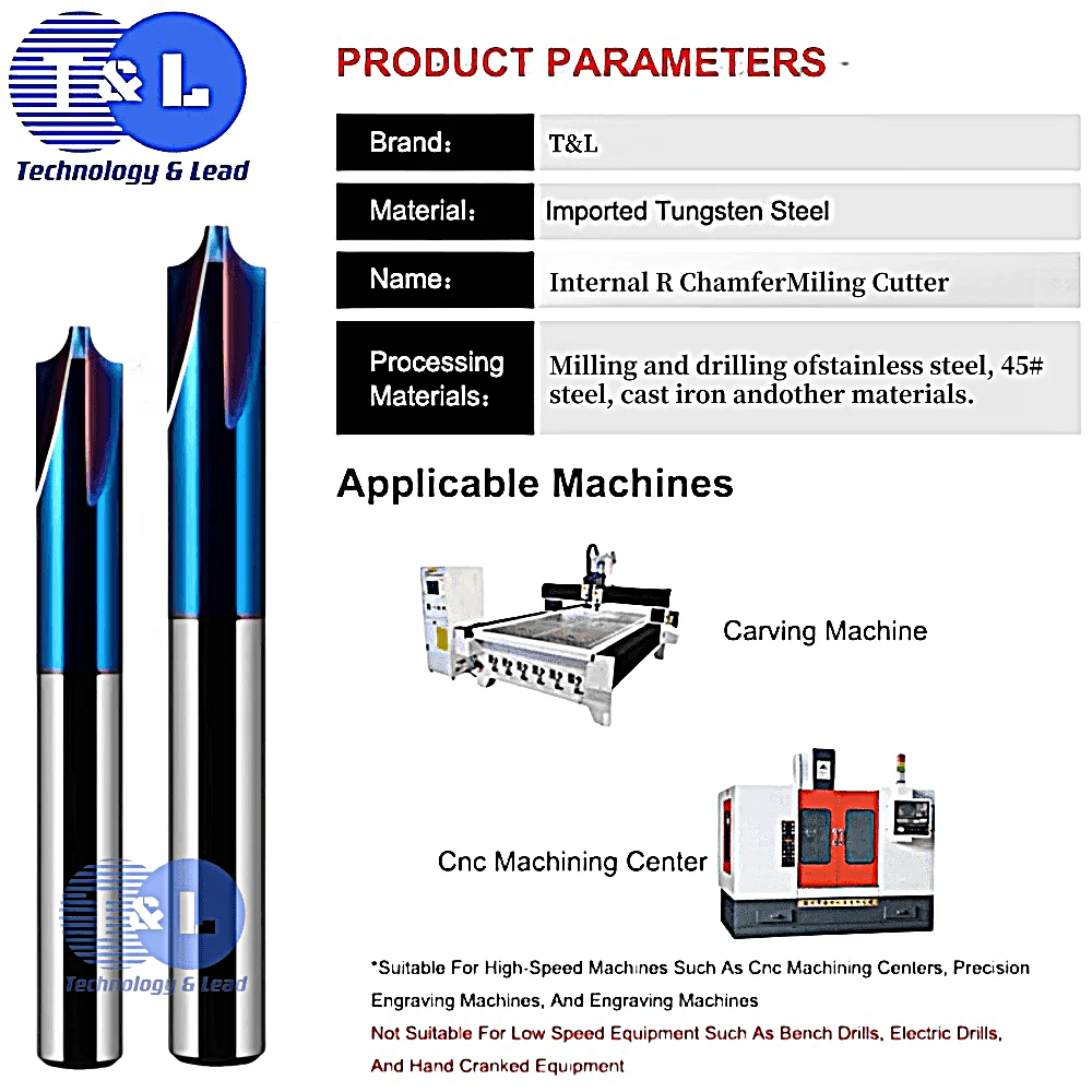 T & L-Interno R Chanfro Fresa, Aço De Tungstênio, Nano Revestimento, Endmill De Arco Circular, Centro De Usinagem CNC, HRC58