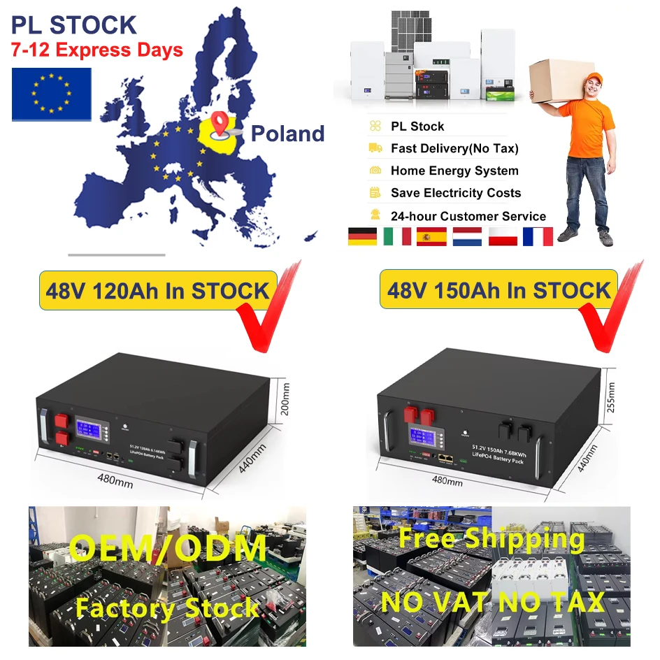 Batteria LiFePO4 STOCK UE 48V 120Ah 150Ah 6000 cicli 16S Bluetooth BMS 51.2V 100Ah 200Ah 300Ah Accumulo di energia solare UPS Spedizione