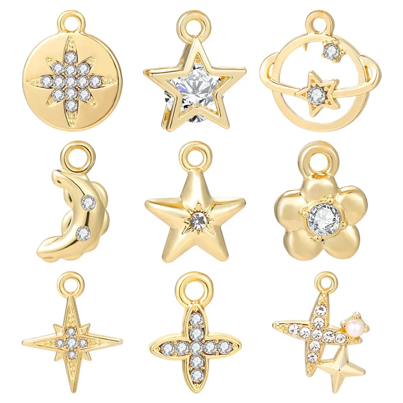 Cor do ouro Bronze Zircon Estrela Flores Encantos Pingentes, colar, brincos, pulseiras, Jóias Fazendo Suprimentos, Acessórios, 1-5Pcs