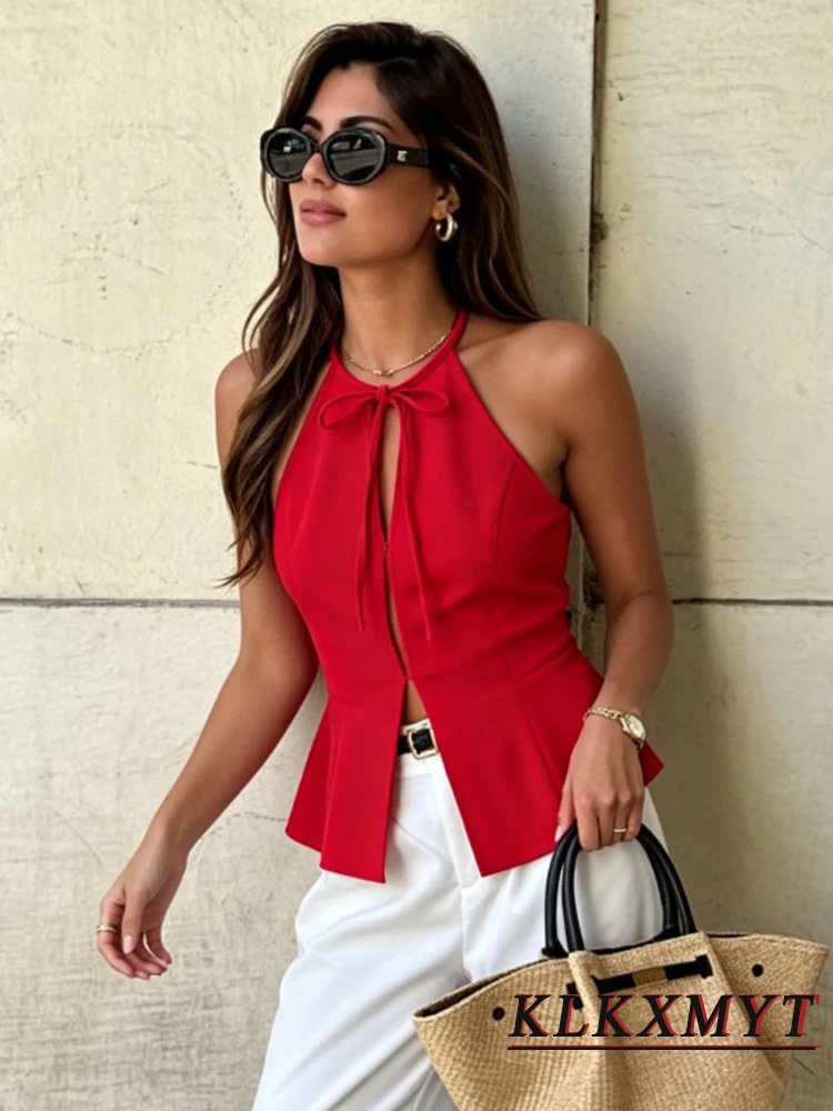Women Sexy Fashion Slim Solid Color Backless Sleeveless Hollowed-Out Wrinkled hem Halter Tops Summer Graduation Vacation New