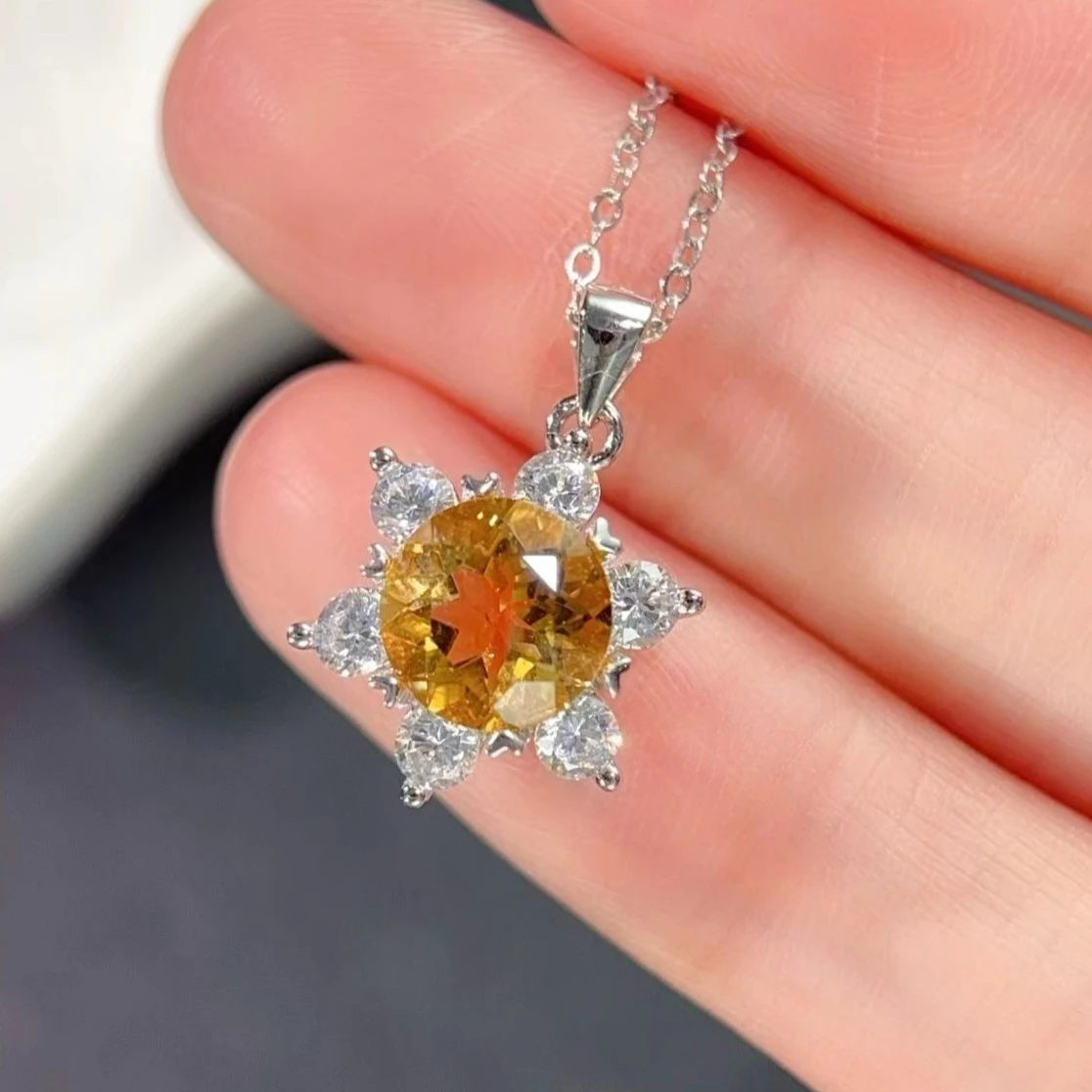 Small 925 Silver Star Pendant with Gemstone 8mm 2ct Natural Citrine Pendant with Necklace 18K Gold Plated Silver Citrine Jewelry