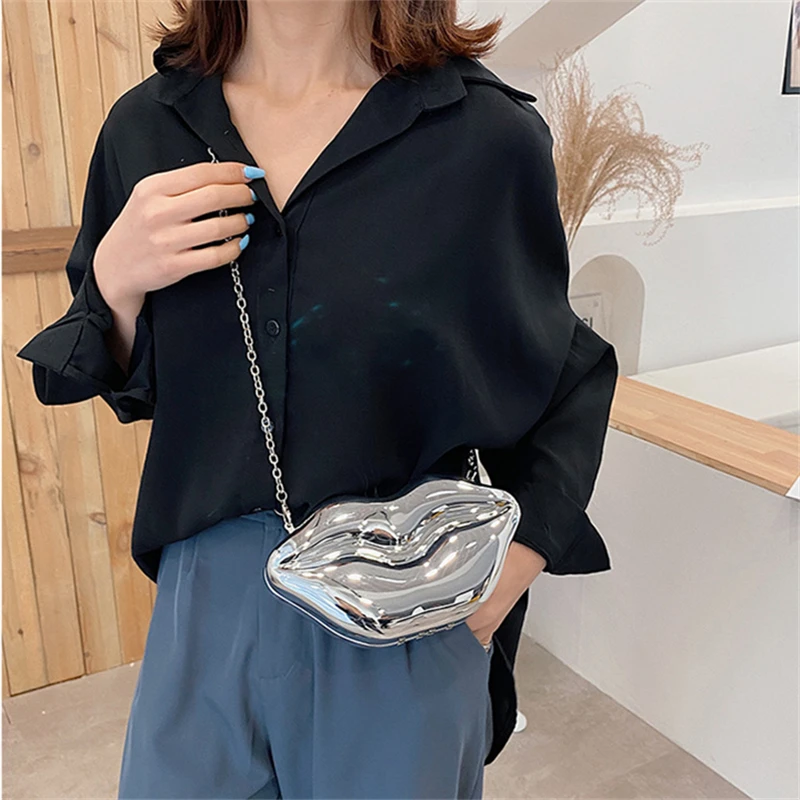 Bolsa feminina pequena crossbody, bolsa sólida, moda feminina, fofa, lábios grandes, gelatina, boca vermelha, corrente, bolsa de ombro, bolsa de mão