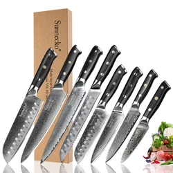 SUNNECKO 1-8pcs/set Damascus Chef Kitchen Knives Japanese VG10 Steel Slicing Santoku Steak Utility Paring Bread Knife G10 Handle