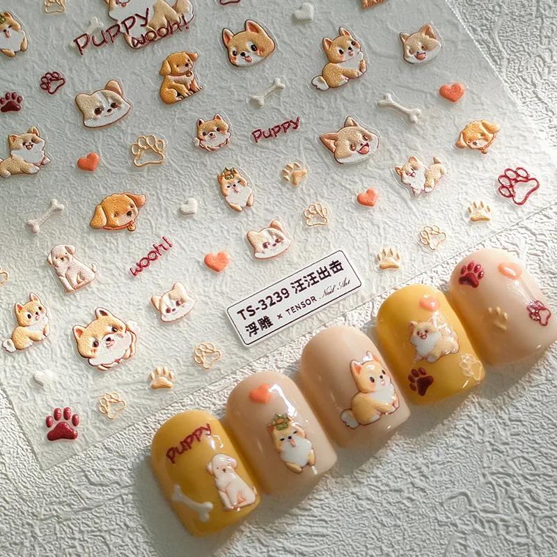 Calcomanías de manicura 3D con estampado de pata de cachorro de dibujos animados, calcomanías suaves en relieve, autoadhesivas, bonitas, para arte de uñas, venta al por mayor