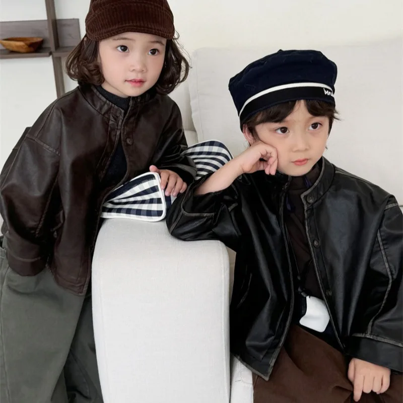 RAISE Autumn Children Leather Jackets Retro Single Breasted 1-8Yrs Kids Girls Outerwear Coat Toddler Baby Boys Motorcycle Jacket