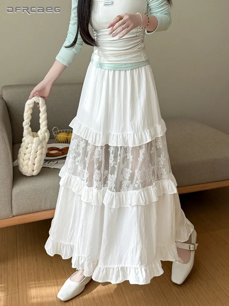 

Новинка: Белая юбка миди с кружевной отделкой и рюшами, А-силуэт, для женщин, с эластичной талией, элегантная, свободного кроя, длинная юбка для дам.