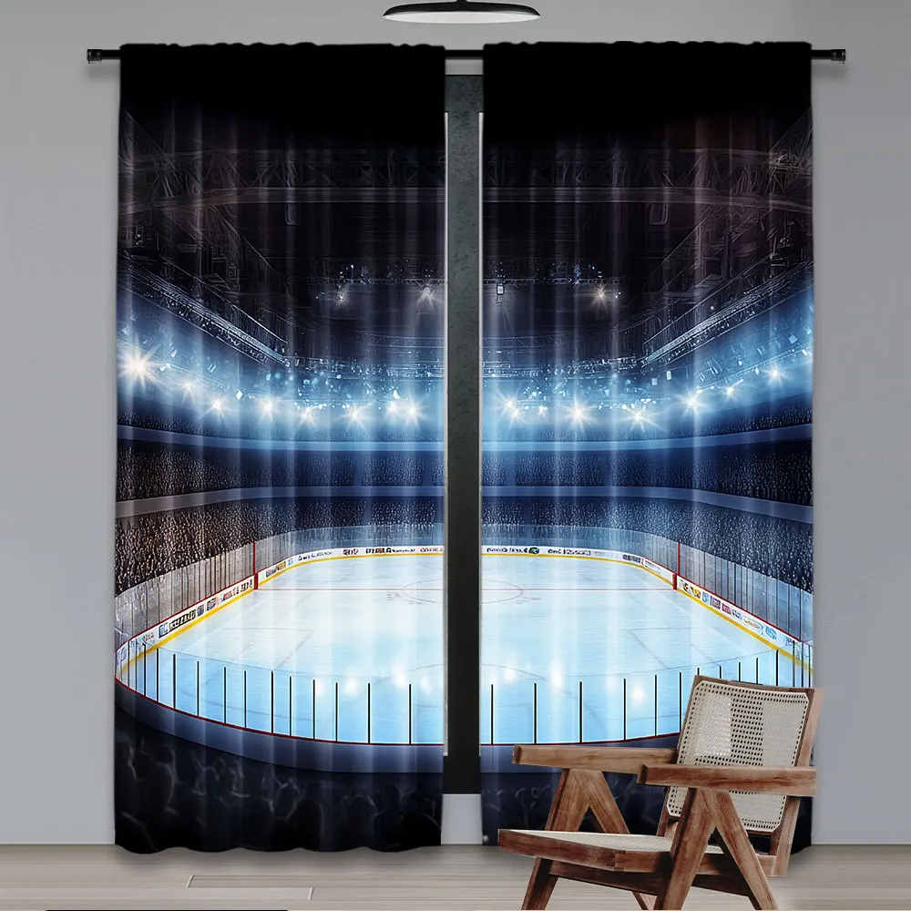 2Pcs Hockey Curtains A Sports Arena Full Of People Fans Audience Tournament Championship Match Living Room Bedroom Window Drapes