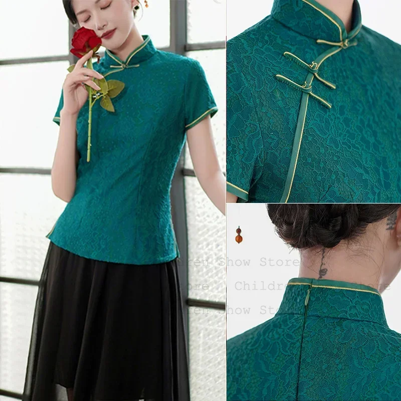 

Традиционная одежда Тан, топ Ципао в китайском стиле, женский элегантный кружевной Cheongsam с цветочным воротником-стойкой, рубашка с коротким рукавом, блузка