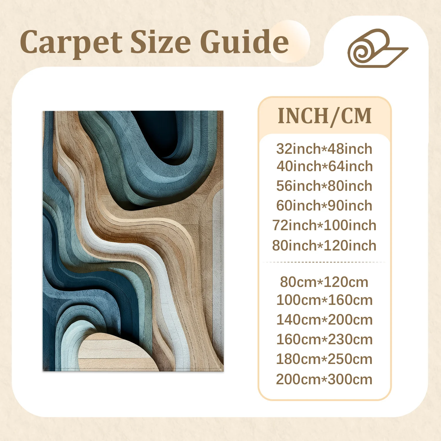 Large Indoor Area Rug, Soft Velvet Low Pile Non-Slip Dotted Backing, Machine Washable, Organic Wavy Topographic Pattern in Muted Blue & Natural Wood Tones, Ideal for Living Room, Bedroom, Modern Home Spaces