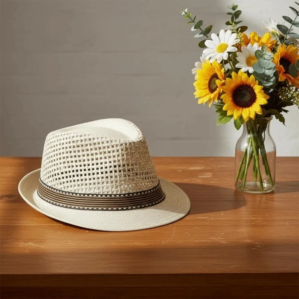 Elegant Short Brim Men Panama Hat Lightweight Breathable Woven Straw Hat Sombrero Hollow Out Vacation Beach Cap Performances view 2