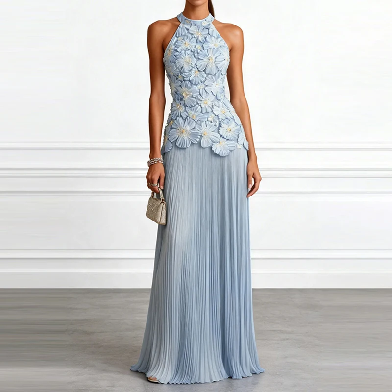 Modisches Ärmelloses Plissee-Kleid Luxuriöses Elegantes Abendkleid mit Spitzenstickerei Schulterfreies Einfarbiges Chiffon-Kleid