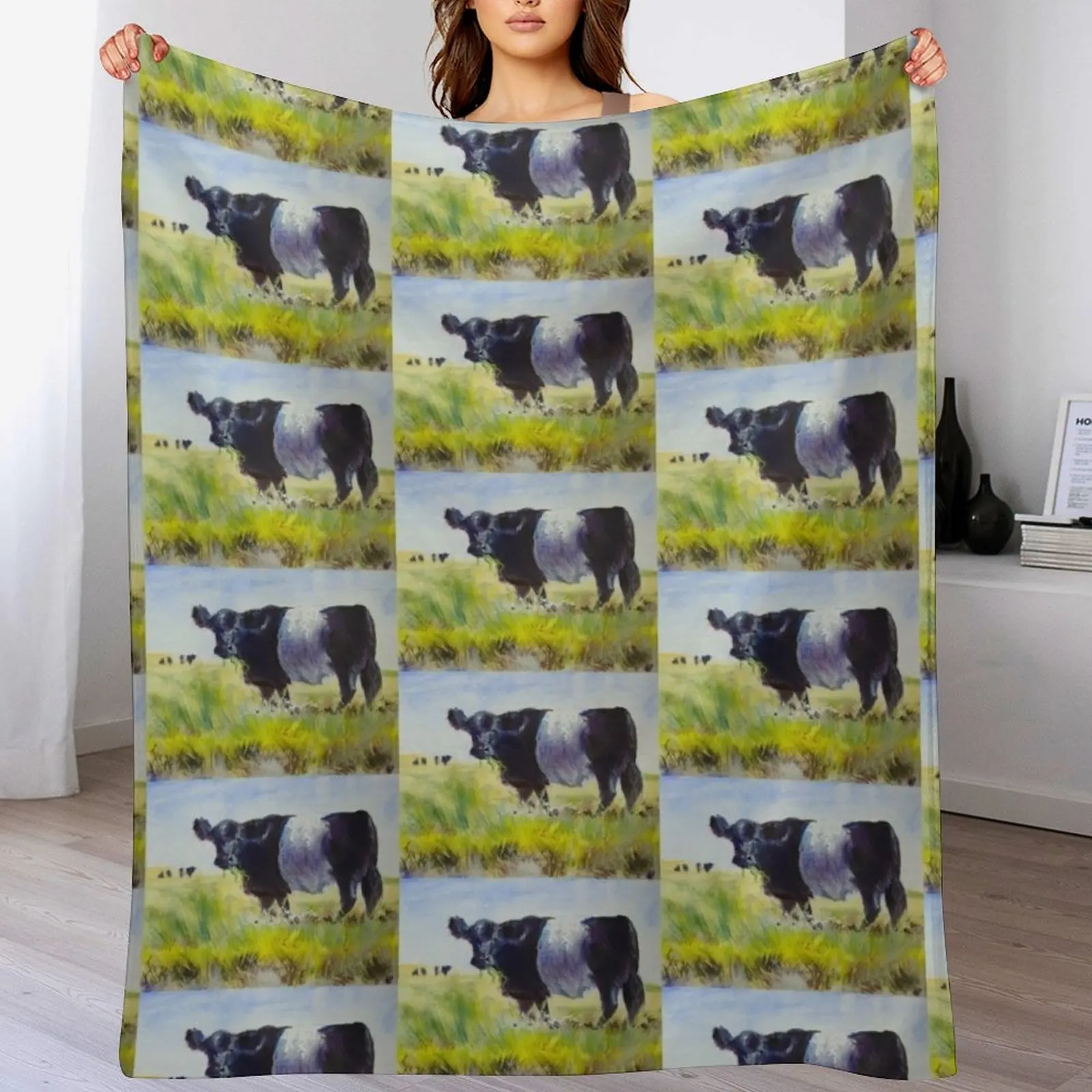 

Belted Galloway Cow Painting Throw Blanket Plaid on the sofa Warm Blankets