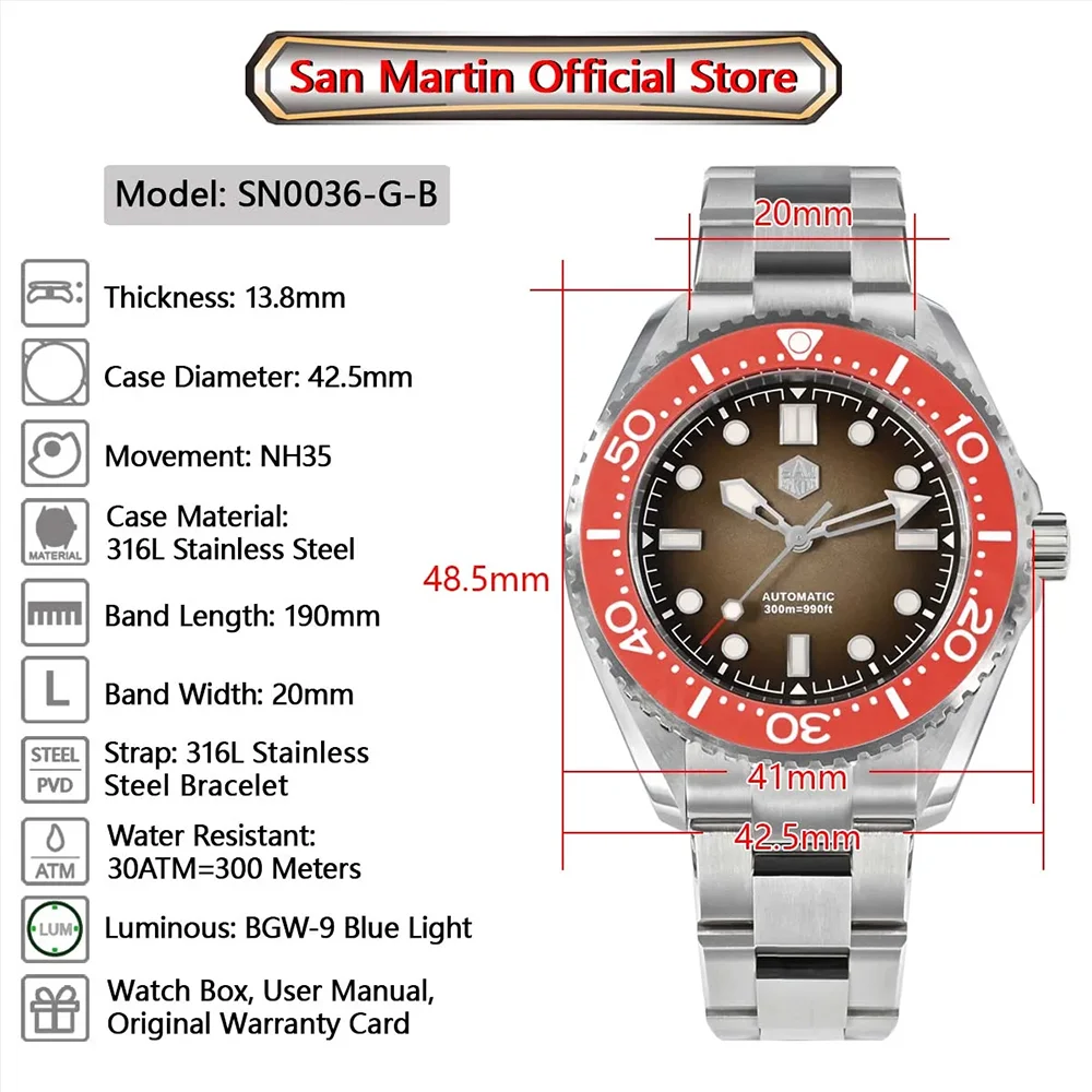 Saint Martin New Men Diving Automatic Watch Helium Unit NH35  Luxury Vintage Gradient Dial Waterproof 300m Men Mechanical Watch