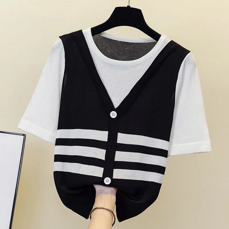 

4XL Large size women casual two fakes Stripe sweater pullover 2023 Summer short sleeve Patchwork o neck Oversized sweaters