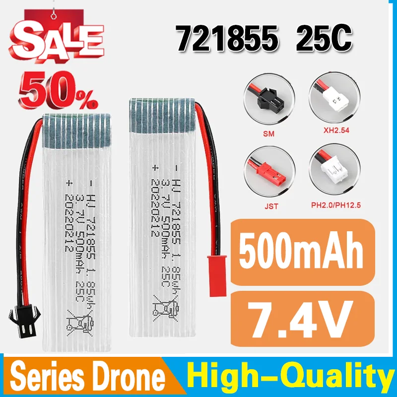 

500mAh 721855 Battery Xh2.54 JST Plug 25C 3.7V for Udi U815A U819A U818A WLtoys V966 V977 Aircraft H37 Mini Drone Batteries