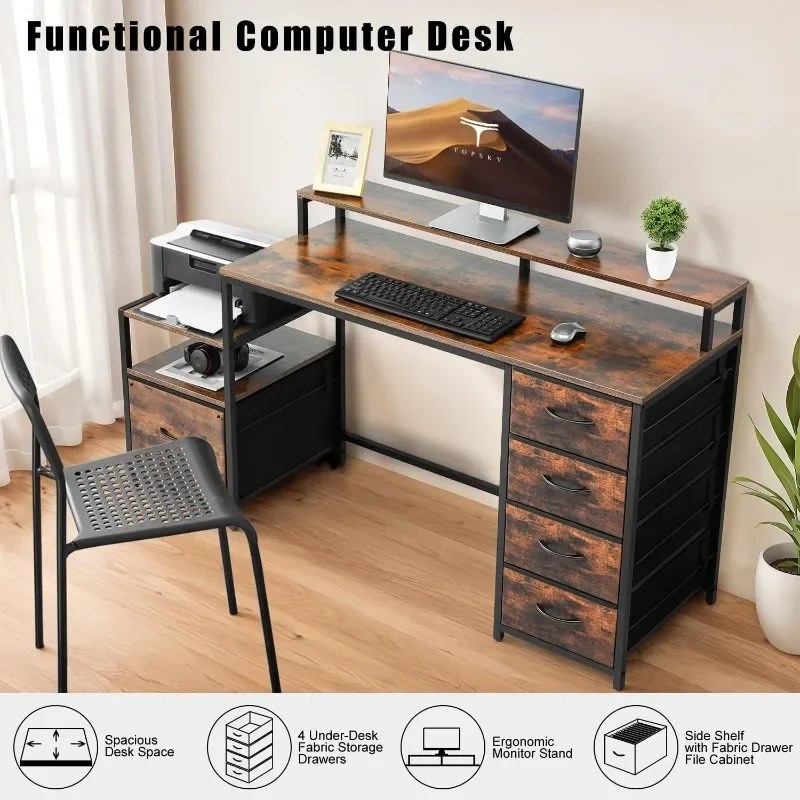 Compact Computer Desk with Storage Shelf/Cloth File Drawer for Letter Size/Monitor Stand Study Table