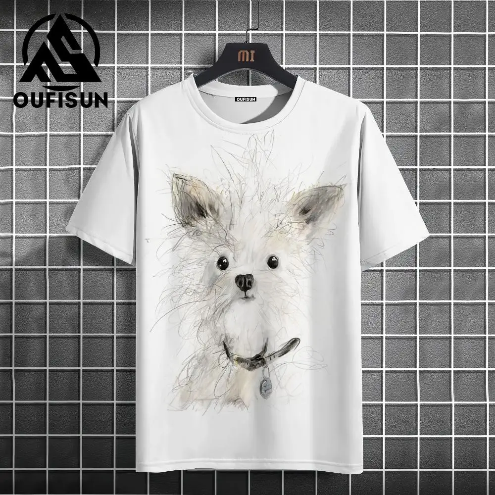 2024 Casual Men T-shirts White Breathable Polyester T-shirts For Men High Quailty Simple Design Cute Dog Oversize T-shirts Men