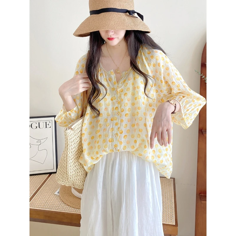 Spring Autumn Fashion Pure Cotton V-neck Printing Blouses Women\'s Clothing Floral Bishop Sleeve Button Sweet Versatile Blouses