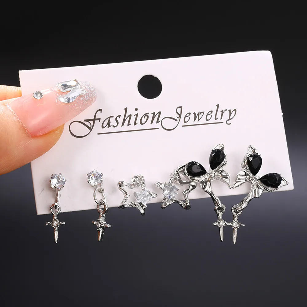 Goth Schwarz Schmetterling Kristall Stern Ohrring Set Für Frauen Mädchen Vintage Ästhetische Herz Stud Ohrring Trendy Y2K Schmuck Zubehör