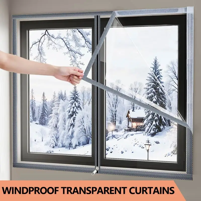Fermeture éclair transparente de film d'isolation de fenêtre d'étanchéité coupe-vent, pas de poinçonnage, rideau coupe-vent épaissi résistant au froid, bord gris diamant