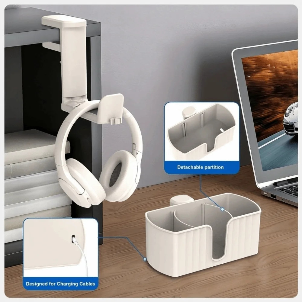 Plastic 4 in 1 Desk Headphone Hanger Space Saving Detachable Under Desk Cup Holder with 2 Wire Holes Clip-on Pen Cup Holder
