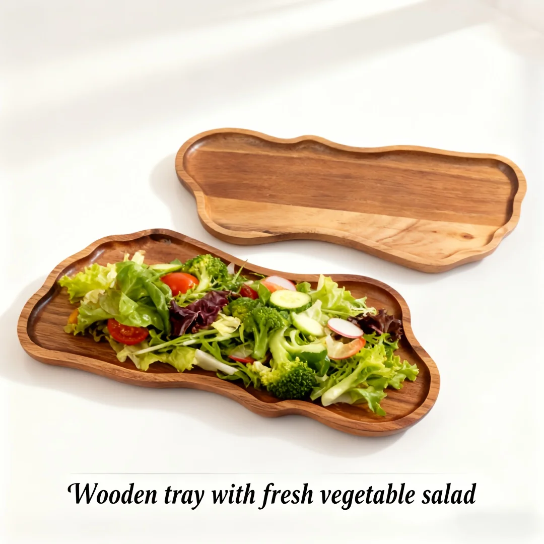 Vintage Wooden Decorative Tray Set-Natural Striped Pattern, Suitable for Salads, Tea Sets-Perfect for Holiday Party Celebrations