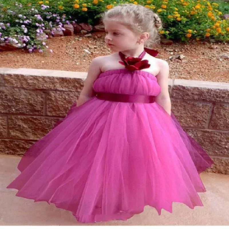 Rose Red Flower Girls Dress Halter Neck Crepe Simple Baby Girl Birthday Wedding Princess Party First Communion Gown