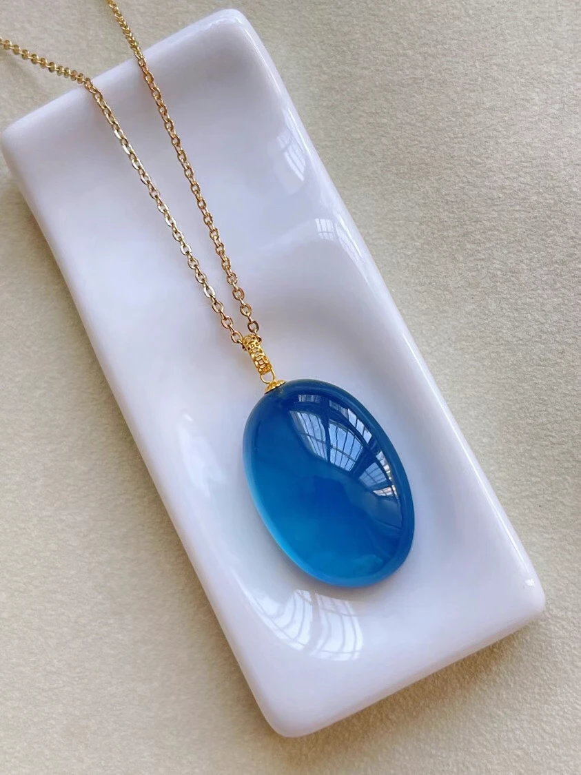 

Genuine Natural Blue Aquamarine Quartz Pendant 24*16mm Women Jewelry 18K Gold Brazil Deep Blue Aquamarine Oval Necklace AAAAA