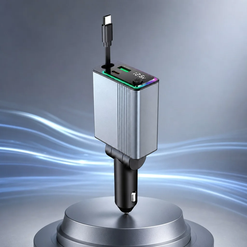 4-in-1 Retractable Car Charger PD30W QC3.0 Fast Charging 12V/24V Type-C USB 5V3.1A Aluminum Body with RGB Ambient Light