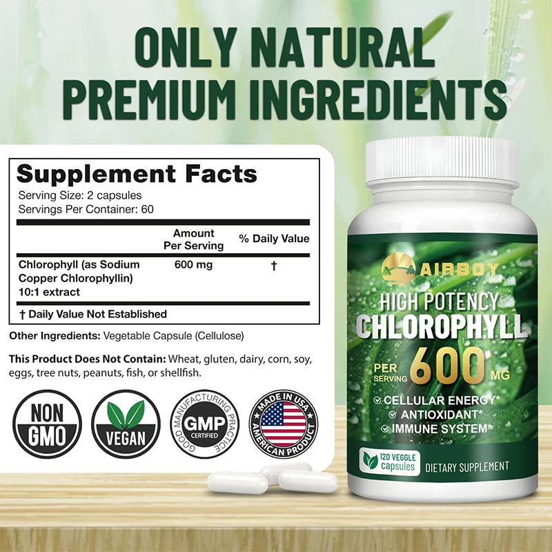 Chlorophyll Capsules 600mg - for Energy, Immunity, Skin & Internal Deodorant