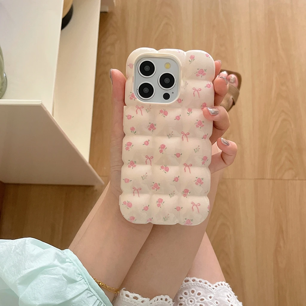 Ins Full Screen Pink Flower Bowknot Stereoscopic Lattice Shockproof Protective Cover Case for iPhone 16 15 14 13 12 11 Pro Max