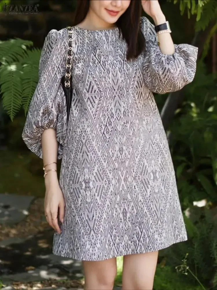 ZANZEA Bohemian Women Print Mini Dresses 3/4 Lantern Sleeve Short Sundress 2025 Summer Casual Holiday Party Female Loose Vestido