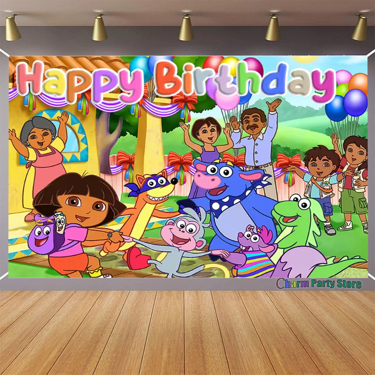 Cartoon&DORA Theme Girl Backdrop Happy Birthday Party Vinyl Background Baby Shower Photography Prop Supplies Photo for Kid Gift