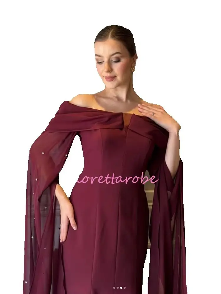 

A-line Mother of Birde Dress Floor-length Off The Shoulder Full Sleeve Prom Dresses Fashion Crystal Draped Customized
